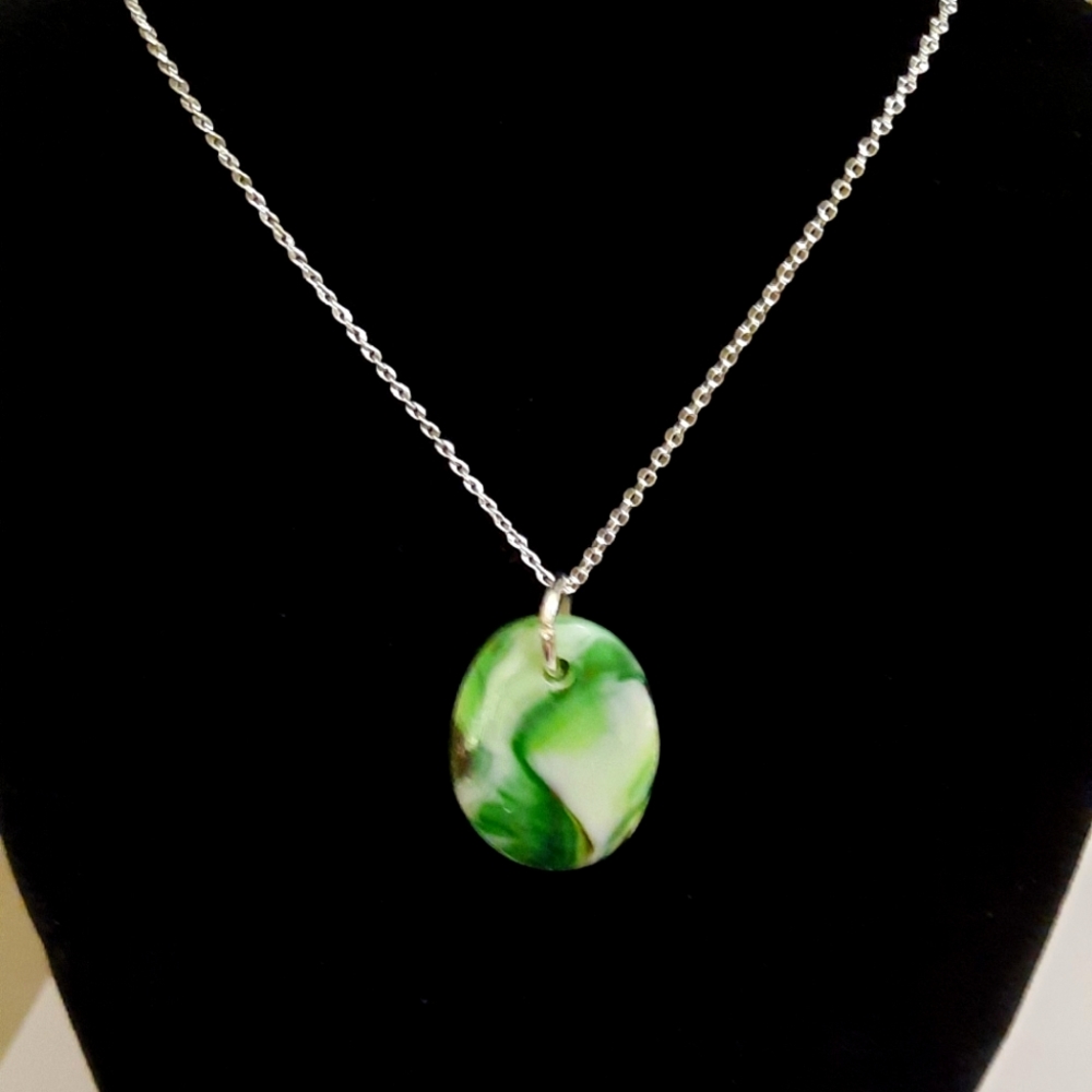 Green and White Swirl Stained Glass Necklace